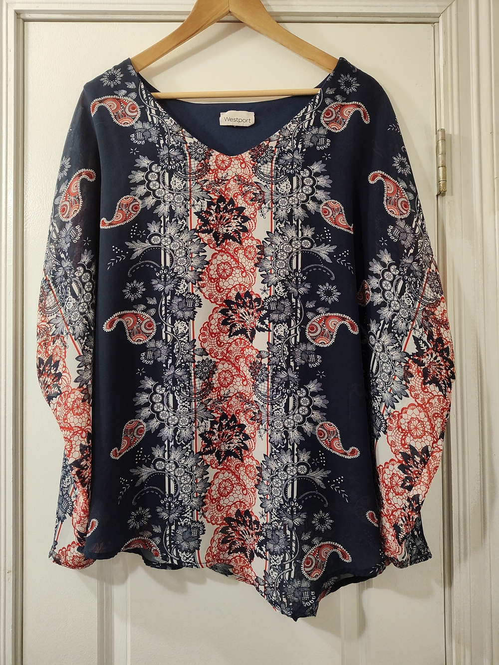Westport Navy & Red Paisley Floral Scoop Neck Tunic Size 3X Office Casual